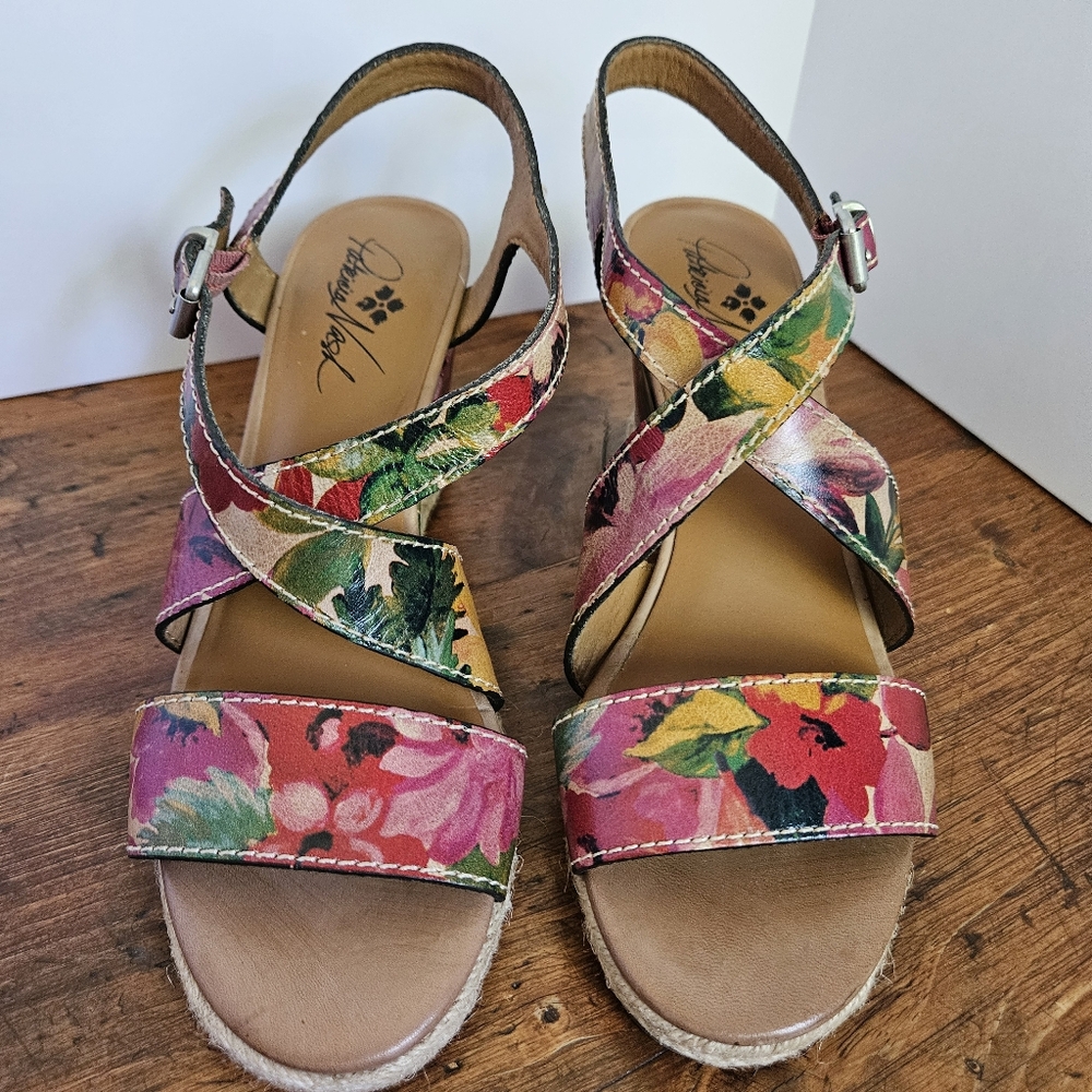 Patricia Nash "Rafa" Floral Wedge Sandals Espadrille Leather